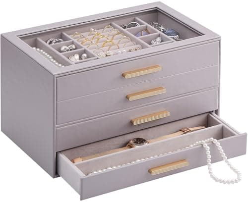 Lolalet Jewelry Box Organizer, 4-Layer Jewelry Organizers and Storage Case with Glass Lid, Ring Earring Bracelet Necklace Holder Organizer,...