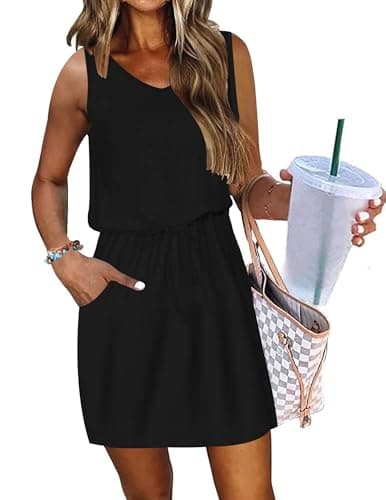 WNEEDU Summer Dress for Women 2025 Casual Sleeveless Beach Dress Short Swing Sundresses with Pockets Black XL