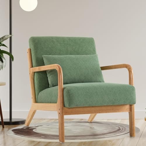 Aunekiv Modern Accent Chair with Pillow, Upholstered Mid-Century Accent Armchair, Comfy Wide Seat Reading Side Chair Adult with Solid Wood Legs for...