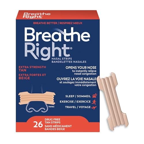 Bandelettes nasales Breathe Right, extra-fortes, bronzage, solution contre le ronflement sans médicament et soulagement de la congestion nasale causée par le rhume et les allergies, sommeil nocturne,...