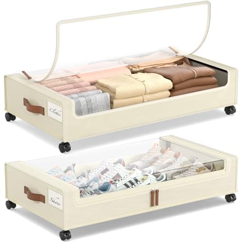 Yecaye Rangement sous le lit avec roulettes de 60 L, lot de 2 conteneurs de rangement sous le lit, rangement pour chaussures sous le lit avec fenêtre et étiquette transparentes, roulant sous le lit...