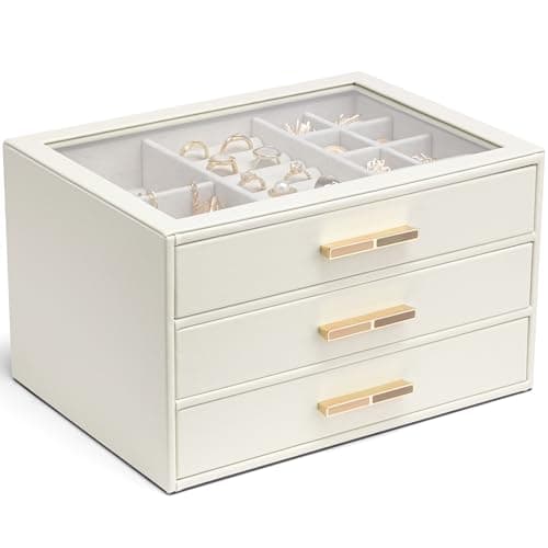 Vlando Boîte à bijoux avec couvercle en verre, organiseur de bijoux avec 3 tiroirs, boîte à bijoux à 3 niveaux pour femmes et filles, cadeaux de fête des mères pour femmes, beige