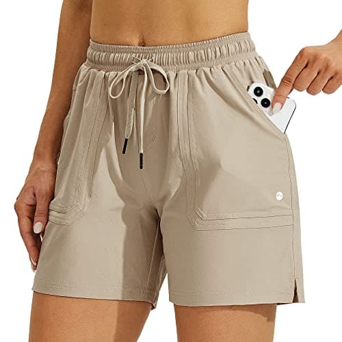 Willit Short de golf de randonnée pour femme de 12,7 cm - Short de course à pied d'été à séchage rapide avec poches - Kaki L