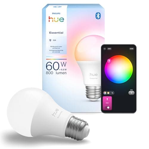 Philips Hue Essential Smart LED A19 Bulb, White and Color Ambiance, E26 Base, 8.8W, 2200K-6500K, 800 Lumens, Dimmable, Works with Alexa, Google...