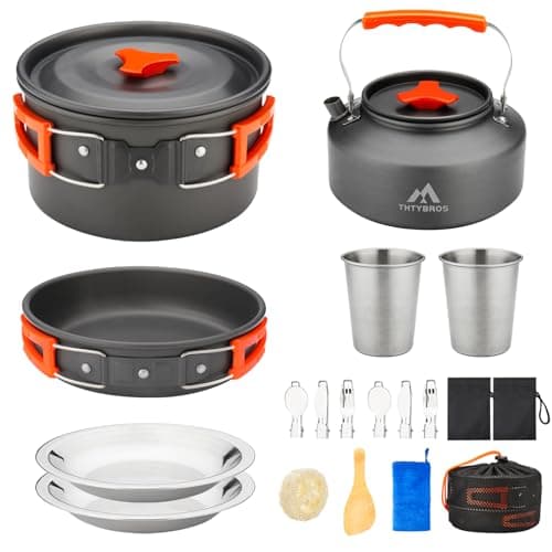THTYBROS 17 pièces batterie de cuisine de camping, casserole de 0,45 gallons, poêle de 7 pouces, ensemble de bouilloire de 0,30 gallons avec 2 ensembles de tasses en acier inoxydable, assiettes, fourchettes, couteaux, cuillères pour...
