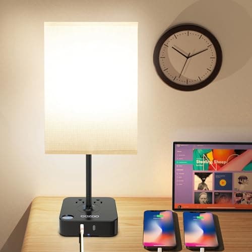 COZOO Lampe de bureau de table de chevet avec 2 ports de chargement USB et 2 prises multiprise, base de chargeur avec abat-jour en tissu blanc, lumière LED pour décoration d'intérieur...