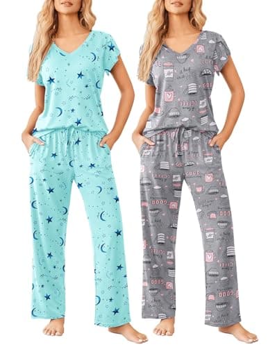 Ekouaer 2 Pack Womens Pajamas Set Short Sleeve Sleepwear Top with Pants Soft Loungewear S-XXL