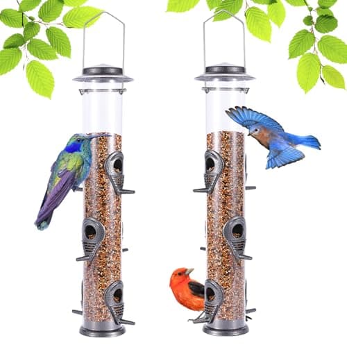 MIXXIDEA Metal Wild Bird Feeder Squirrel Proof Bird Feeders for Outside Hanging 6 Port Tube Bird Feeder Transparent Finch Feeder with Steel Hanger...
