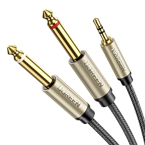 Câble stéréo UGREEN 1/8 à 1/4 3,5 mm TRS vers double répartiteur audio TS Mono Y 6,35 mm Cordon tressé compatible avec iPhone, iPod, PC, carte son, table de mixage,...