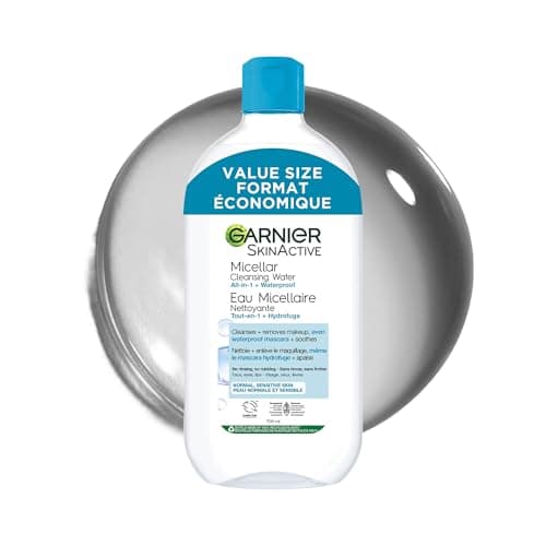 Eau nettoyante micellaire Garnier, nettoyant tout-en-un et démaquillant waterproof, nettoie et apaise, pour le visage, les lèvres et les yeux, pour toutes les peaux...