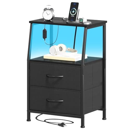 Tables de nuit Somdot avec 2 tiroirs en tissu, table de chevet avec station de recharge et lumières LED, petite table de chevet pour chambre à coucher, dortoir, placard,...