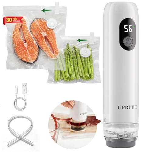UPRUBE Compact Vacuum Sealer for Food (Vacuum Sealer Machine + 30 Reusable Vacuum Bags), Powerful Handheld Food Vacuum Sealer Machine with LED...
