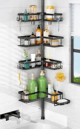 HAMITOR Corner Shower Caddy Tension Pole: Sturdy Stainless Steel Shower Organizer - 4-Tier Adjustable Large-Capacity Shower Shelf- No Drill...