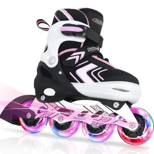 Nattork Patins à roues alignées pour filles avec roues entièrement lumineuses, patins à roulettes réglables pour débutants pour grands enfants, rose, taille 1 2 3 4