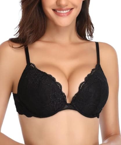 Deyllo Soutien-gorge push-up en dentelle pour femme - Soutien-gorge rembourré confortable à armatures - Relevable - Ajoutez une tasse (Noir, 38DD)