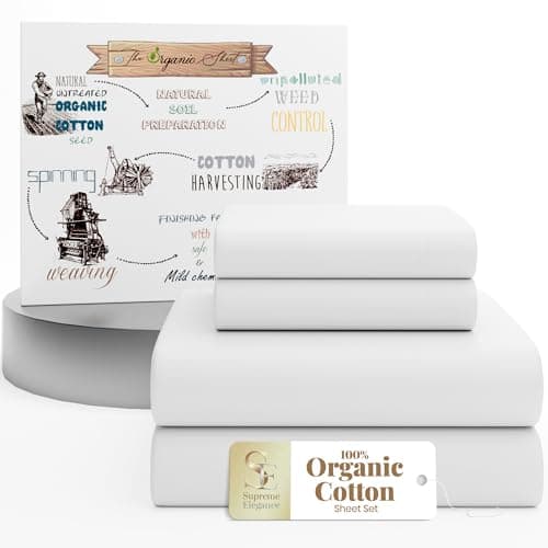 Ensemble de draps pour lit king size 100 % coton biologique Supreme Elegance – Percale croustillante, léger et respirant – Draps blanc neige, poche profonde jusqu'à 18" –...