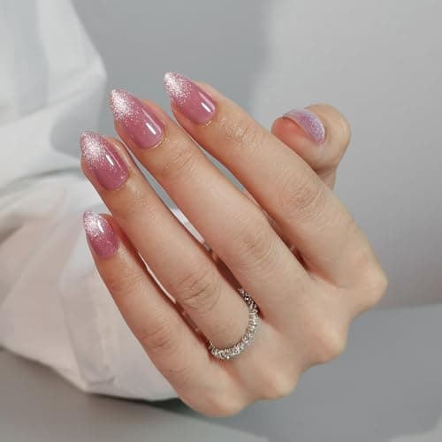 Findigit Gel Press On Nails Court Amande - Rose Stick On Soft Gel Nail Press Ons Faux Ongles avec Colle pour Mariage Anniversaire Cadeau Naturel Ajustement en 16...