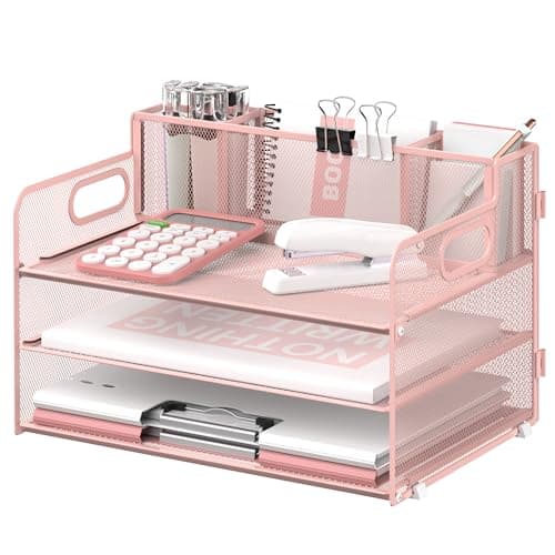 SUPEASY 3 Tier Desk Organizer with Handle & 3 Pen Holders, Mesh Paper/File Organizer for Desk, Paper Letter Tray Organizer for Office Supplies (Pink)