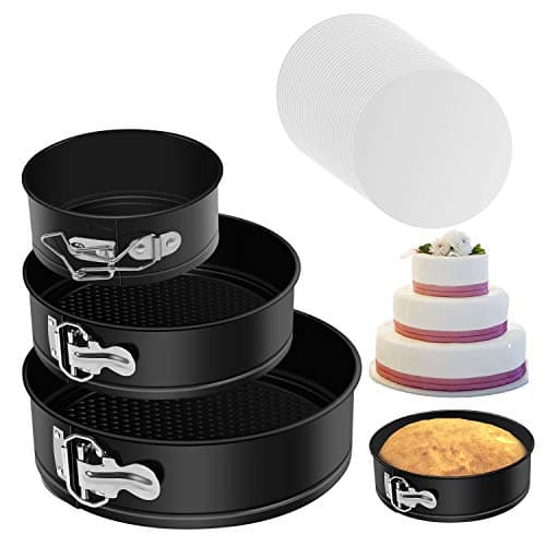 MASSUGAR Lot de 3 moules à charnière antiadhésifs et anti-fuite (10,2 cm/17,8 cm/22,9 cm) ronds pour la cuisson de cheesecake avec 50 doublures en papier parchemin
