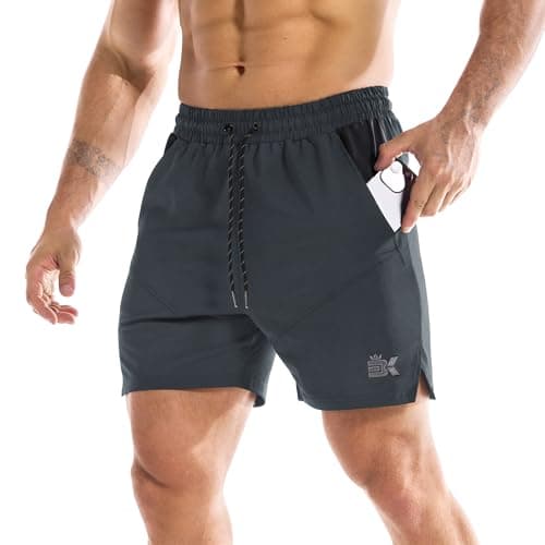 BROKIG Short de sport Drylite pour hommes, séchage rapide, 5 pouces, entraînement, course à pied, fitness, avec poches (gris foncé, petit)