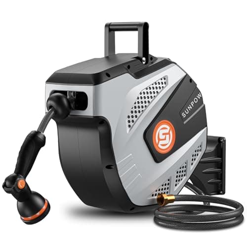 SUNPOW Retractable Garden Hose Reel - 1/2 inch x 50ft Wall Mounted Hose Reel with 3/4 inch Brass Fitting & 10 Function Sprayer Nozzle - Any Length...