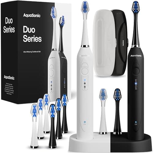 AquaSonic Duo Brosses à dents électriques à double poignée ultra blanchissantes 40 000 VPM à chargement sans fil - 3 modes avec minuteries intelligentes - 10 têtes de brosse Dupont et...