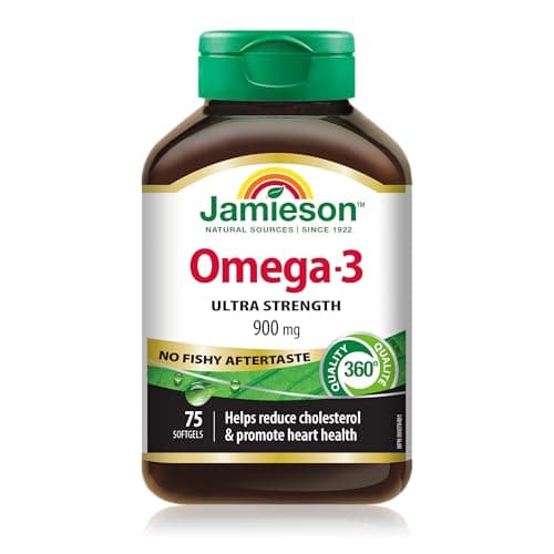Jamieson Ultra-Strength Omega-3 900 mg, No Fishy Aftertaste, Supports Heart, Brain, and Eye Health, Arthritis Support. High Potency, with EPA and...