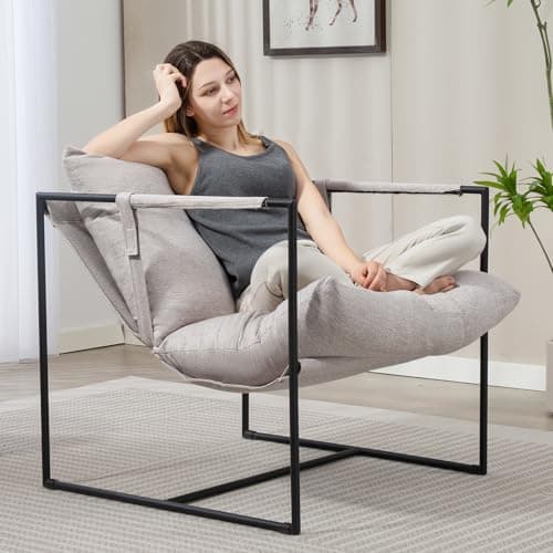 Mondschein Chaise d'appoint, grande chaise de salon, fauteuil à pieds croisés avec coussin en mousse, chaise de lecture, chaise de chambre à coucher, cadre en métal (gris clair)