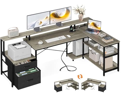 ODK L Shaped Desk with File Drawer, 75" Reversible L Shaped Computer Desk with Power Outlet, Office Desk with Storage Shelves & Monitor Shelf,...