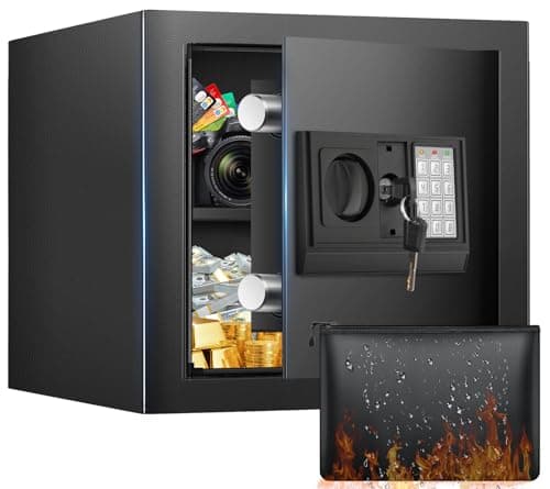 Mini coffre-fort de 1,5 pieds cubes, coffre-fort à domicile avec sac étanche ignifuge, coffre-fort de sécurité numérique antivol avec système d'alerte intelligent, fonction muet,...