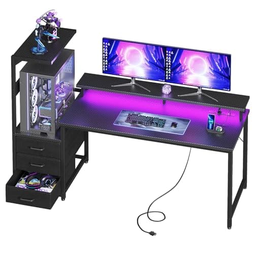 AODK 59 Inch Gaming Desk with USB Charging Ports & LED Light- Reversible Computer Desk with Storage Shelves & Monitor Stand, Modern Gamer Desk...