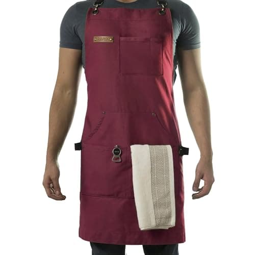 Tablier de chef et de barbecue Asaya avec poches – Tablier de cuisine en toile à dos croisé pour femmes et hommes, tabliers de travail et de grillades réglables avec poche, bouteille...