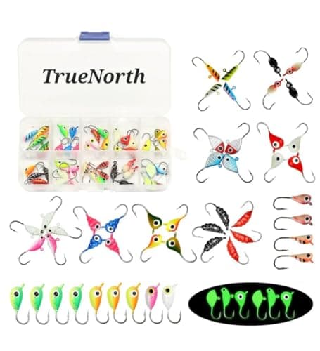 TrueNorth Lot de 48 leurres de pêche sur glace avec têtes plombées pour pêche sur glace, kit d'équipement de pêche sur glace, panfish, marigane, perche, boîte de pêche sur glace