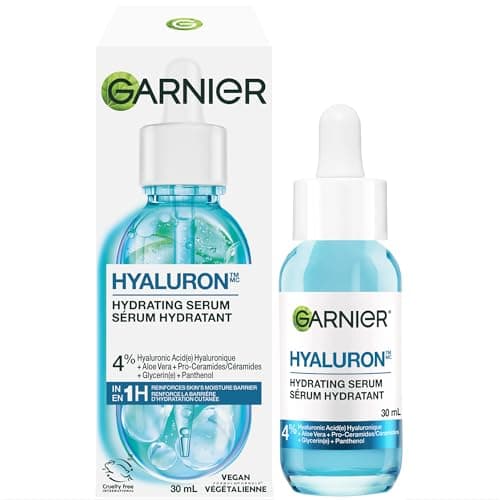 Sérum visage à l'acide hyaluronique Garnier, avec aloe vera, pro-céramides, glycérine, panthénol, peau de verre, renforce la barrière d'hydratation de la peau, hydratant,...