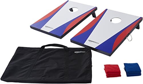 Amazon Basics Portable Wood Cornhole Board Set for Outdoor Play, Blue/Red