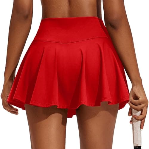 PINSPARK Women Golf Skirt Pleated Lightweight Tennis Skort with Pockets Shorts Cute Exercise Skirts, Red Medium