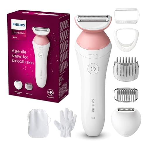 Philips Lady Shaver Series 6000, rasoir sans fil pour le corps, avec 7 accessoires, tondeuse bikini et exfoliation corporelle, 40 min. Durée d'exécution,...