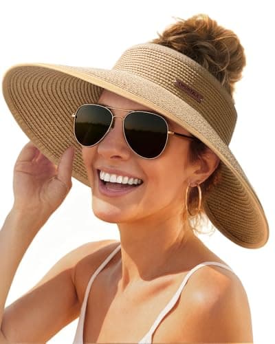 FURTALK – chapeaux pare-soleil pour femmes, en paille à large bord, queue de cheval enroulée, chapeau de plage d'été, UV UPF 50, pliable, voyage