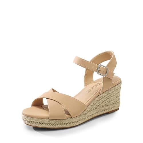 DREAM PAIRS Espadrilles compensées pour femmes, sandales à plateforme, bout ouvert, boucle réglable, été habillées, talons compensés, taille 8, Nude-Nubuck, SDPW2408W
