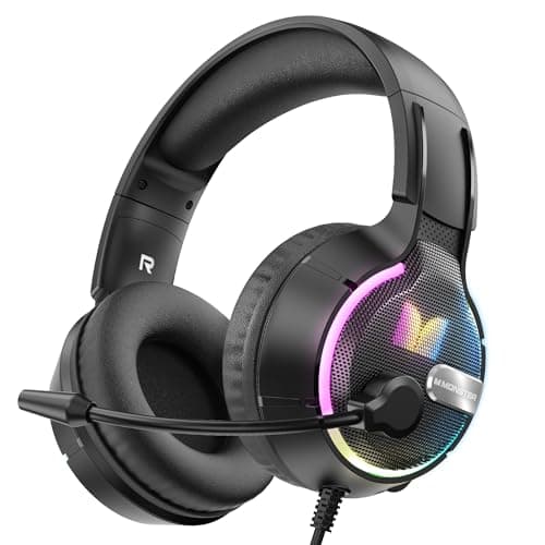 Casque de jeu Monster Mission 320 pour PS5, PS4PC, Xbox One, Xbox Series X/S, Switch, casque supra-auriculaire à réduction de bruit avec micro, lumière LED, 7.1...