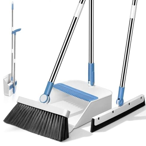 Almcmy Broom and Dustpan Set, Broom with Dustpan & Floor Squeegee, Long Handle Dustpan and Brush Set, Upright Standing Dust Pan with Broom Set for...