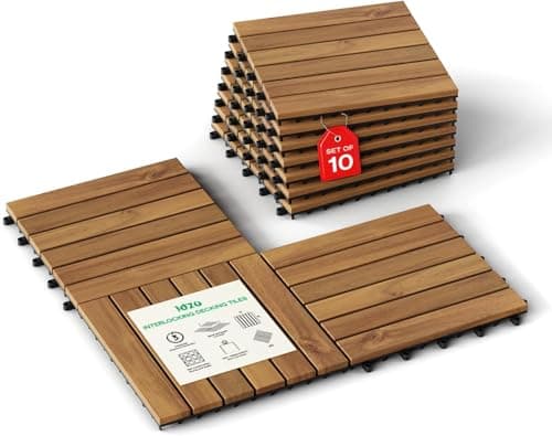 Idzo Carreaux de terrasse emboîtables - 10PCS Carreaux de patio en bois d'acacia imperméables, carreaux de sol pour intérieur et extérieur, motif à rayures de terrasse, doré...