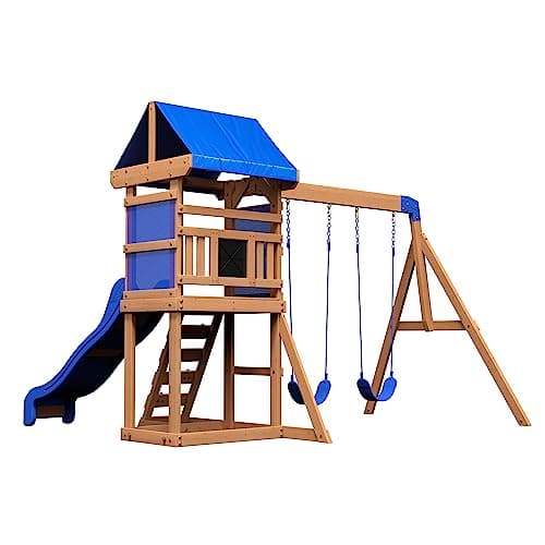 Balançoire Aurora Backyard Discovery, pont supérieur couvert avec auvent bleu vif, toboggan avec rails, balançoires en corde, pavillon supérieur avec panneaux en maille...