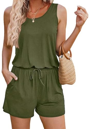 Femme été ample sans manches combinaison barboteuses taille réglable pantalon court barboteuses vert XL