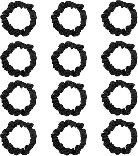 12Pcs Black Satin Scrunchies Hair Ties Bands for Woman Girls, Skinny Silk Satin Hair Scrunchies, Small Ponytail Holders No Damage Breakage for...