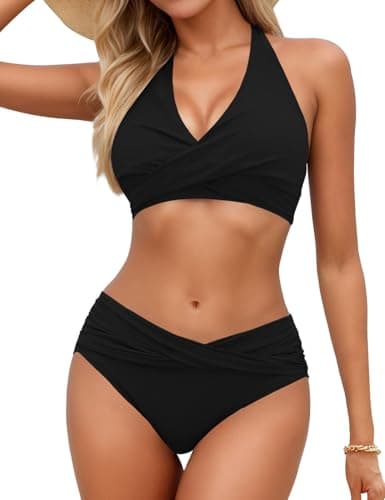 Sopliagon Ensemble bikini torsadé sur le devant pour femme - Maillot de bain deux pièces - Dos nu - Noir S