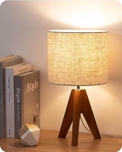 EDISHINE Tripod Table Lamp, Small Cute Bedside Lamp with Linen Beige Lampshade, Nightstand Lamp for Nursery, Bedroom, Kid Room, Living Room, Light...