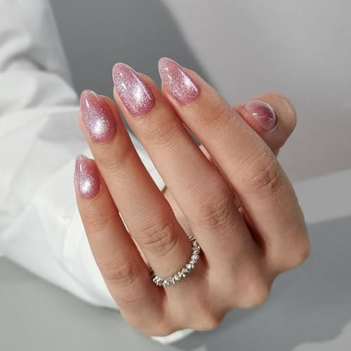 Findigit Press On Nails Short - Rose œil de chat amande Press On Nails avec colle pour femme, colle gel souple sur ongles en 16 tailles - 32 faux ongles à coller...