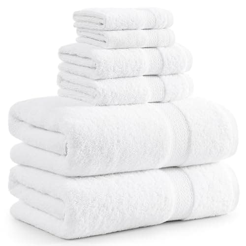 Serviettes de bain blanches pour ensemble de salle de bain - 100 % coton, 6 serviettes de salle de bain, ensemble de serviettes de bain super douces de la collection hôtelière - 2 ensembles de serviettes de bain, 2 serviettes à main,...