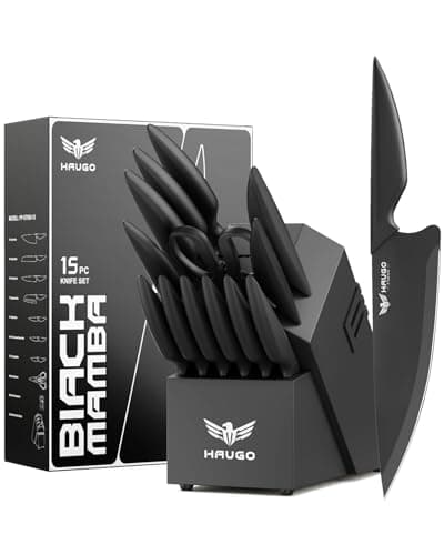 Ensemble de couteaux de cuisine Haugo avec bloc : 15 couteaux professionnels en acier inoxydable à haute teneur en carbone - Passe au lave-vaisselle et taille-crayon - Prise confortable...